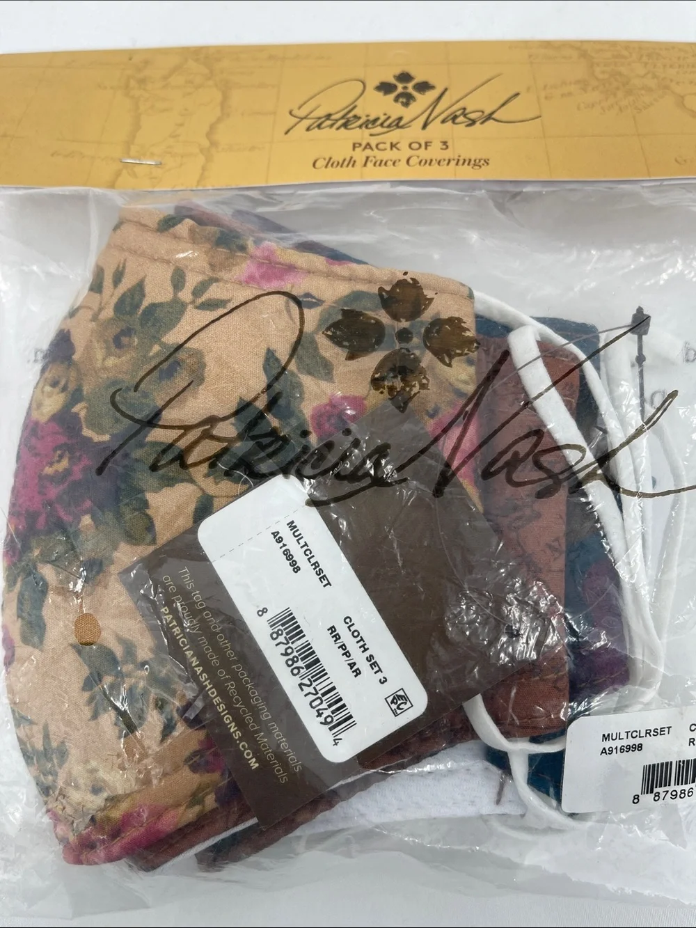 Patricia Nash Floral Multicolor/Tan Cloth Face Covering Pack of 3 NEW NEVER OPEN
